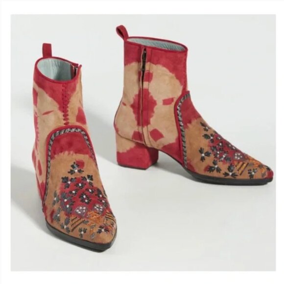 NWOT Meher Kaklia Anthropologie Mani Embellished Red Pointed Ankle Boots Sz 38 - Picture 2 of 13